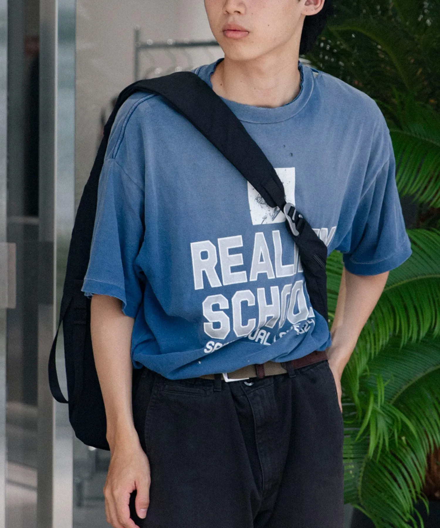 SAINT Mxxxxxx REALITY SCHOOL SS_TEE/NVY slogan distressed short-sleeves, washed blue S-XL, garment dyeing, horse fade, ultra-complex shearing and destruction treatment, correct version, cylindrical fabric, customized original consistent main mark/wash mark, original consistent silver powder printing, distressed treatment